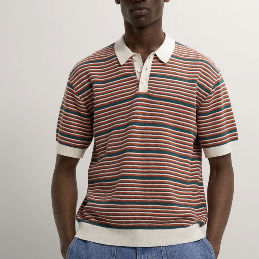 Zara Men's Polo Shirt - Red, Green, White Stripes - Picture 1 of 5